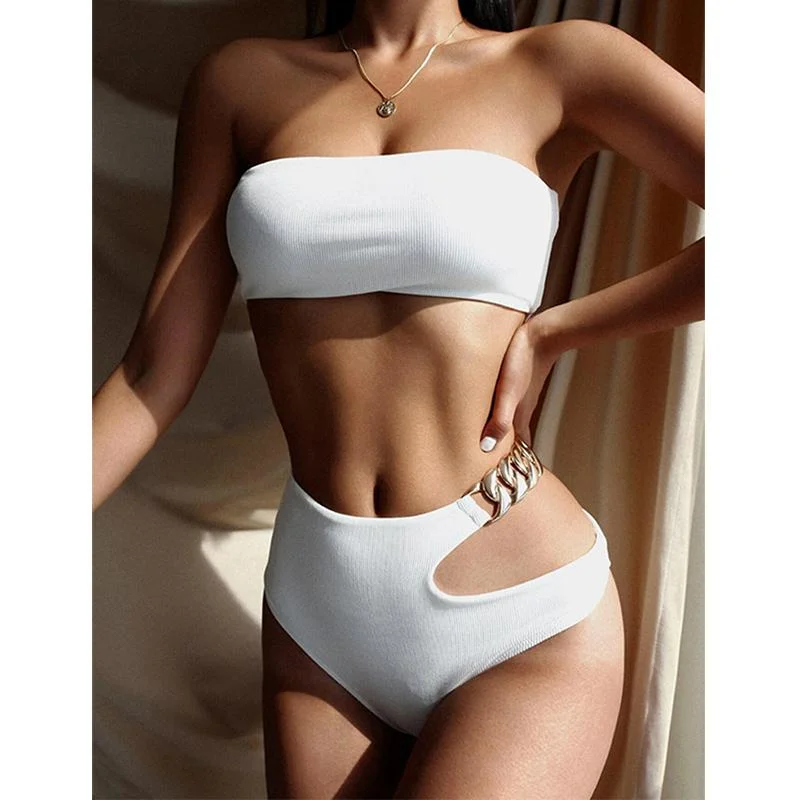 Sexy Bikini Set Asymmetric Bandeau High Waist Bikini Female Swimsuit Women Swimwear Chain Bather Bathing Suit Swim Summer 2021