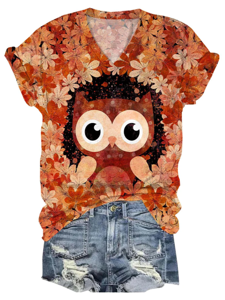 Fall Leaf Owl V-Neck T-Shirt artswardrobe