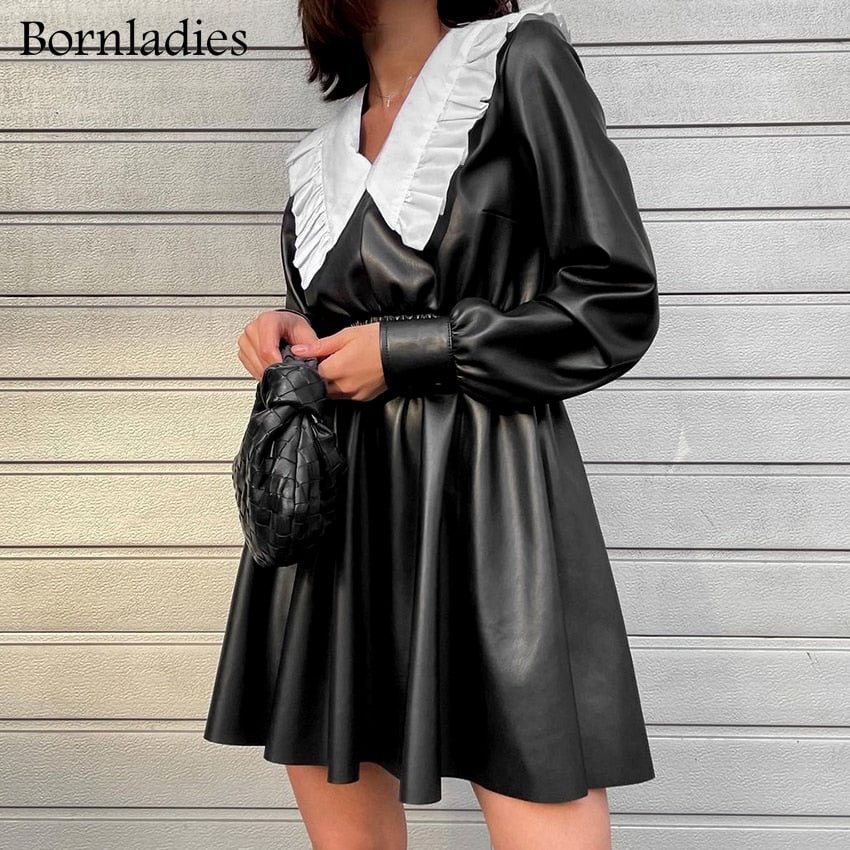 Bornladies Streetwear Pu Spliced Peter Pan Collar Mini Dress Female Leather High Waist Autumn Dress Long Sleeve Trendy Dress