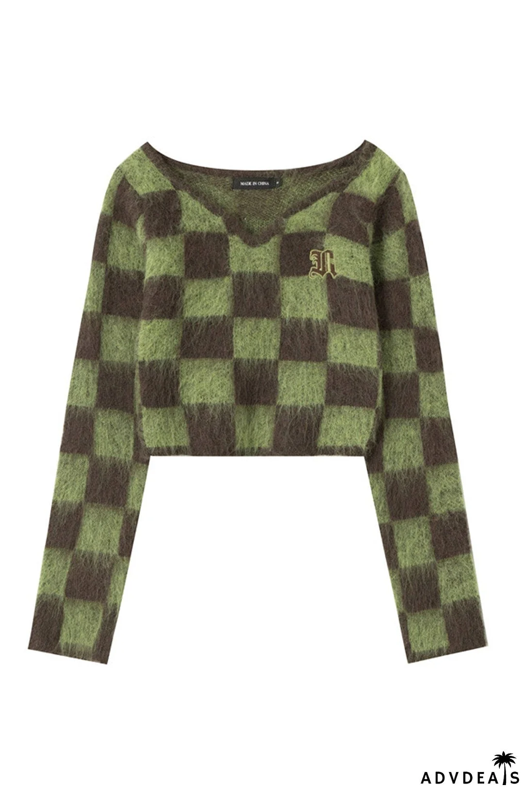V Neck Mohair Checkerboard Sweater
