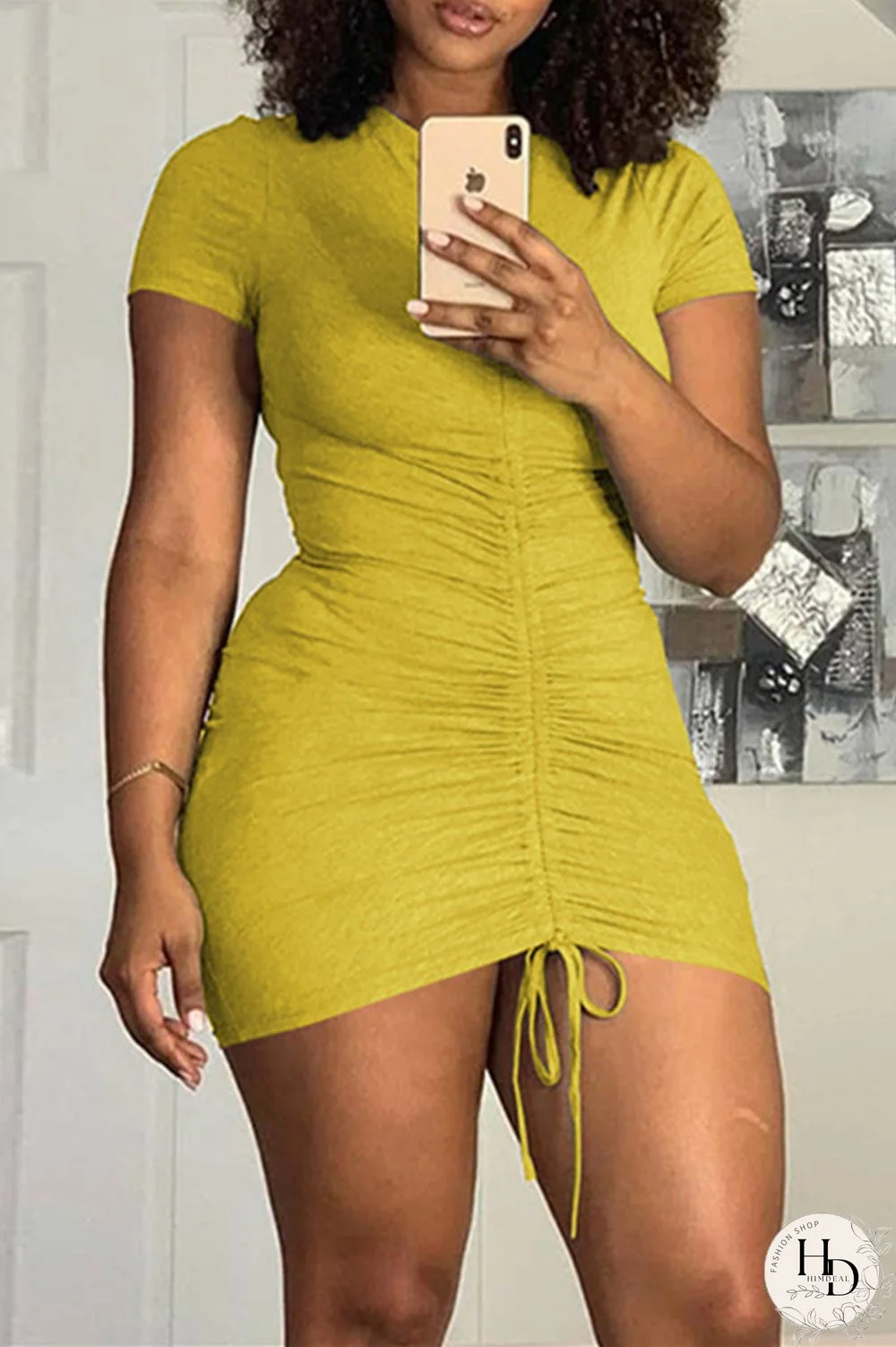 Yellow Fashion Solid Draw String O Neck Short Sleeve Dress