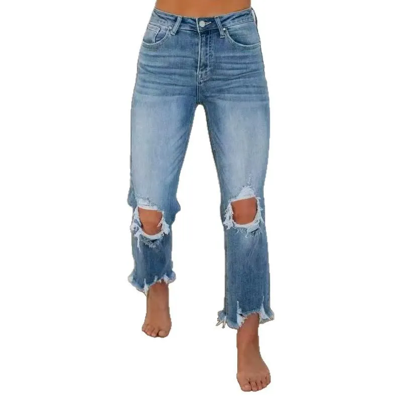 Womens High Waist Distressed Boyfriend Jeans Ripped Knee Cropped Denim Pants with Frayed