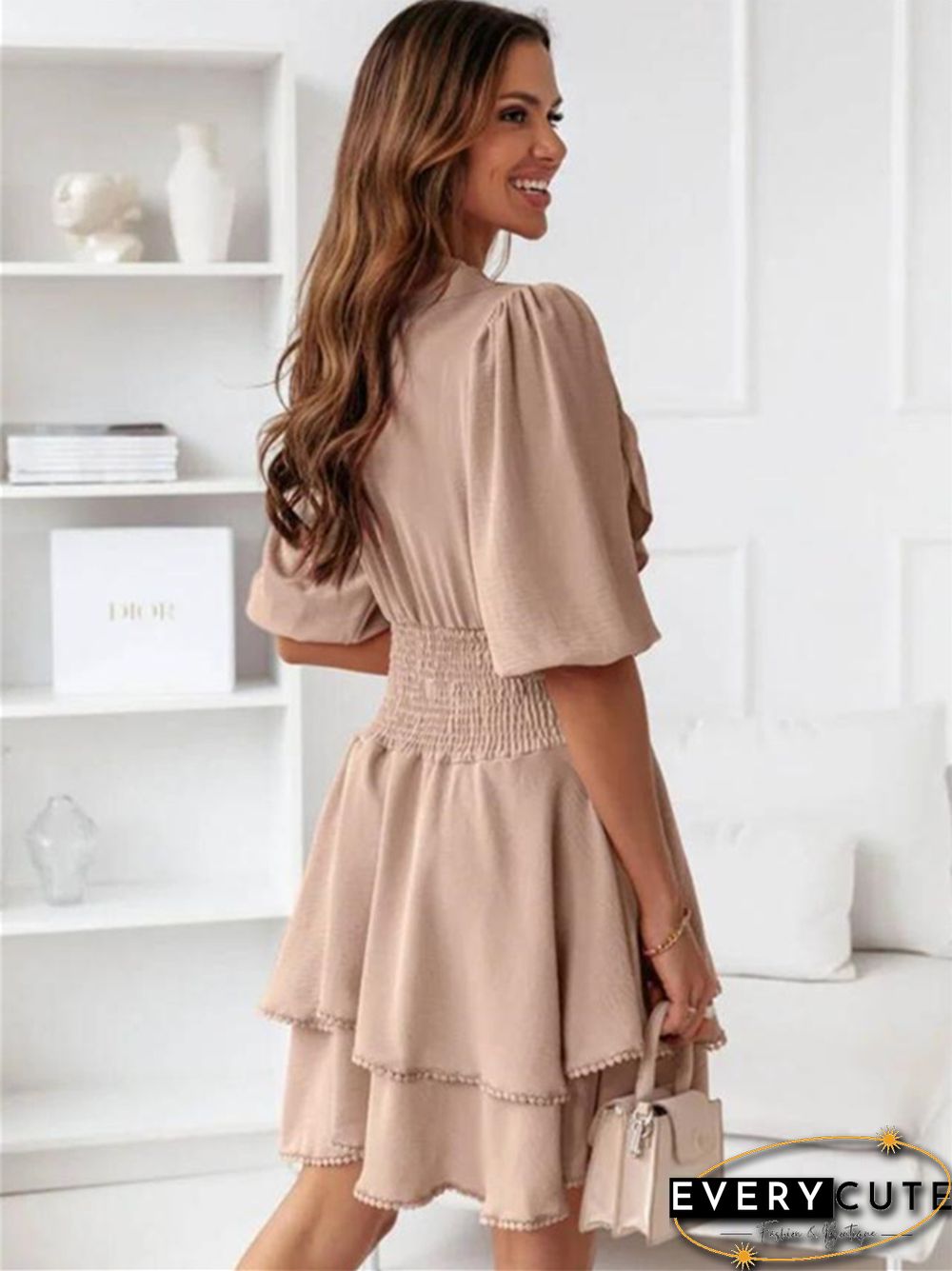 V-neck Solid Color Ruffled Waist Short Sleeve Dress