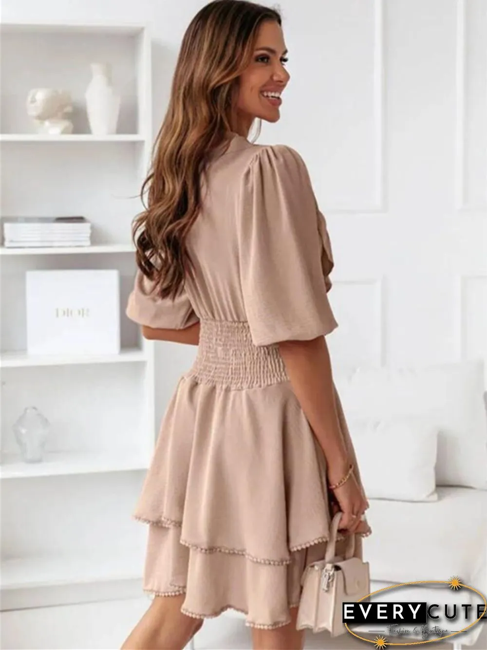 V-neck Solid Color Ruffled Waist Short Sleeve Dress