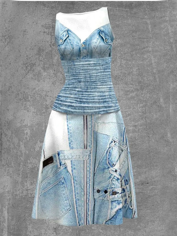 Fashion Sleeveless Denim Pattern Slim Midi Dress