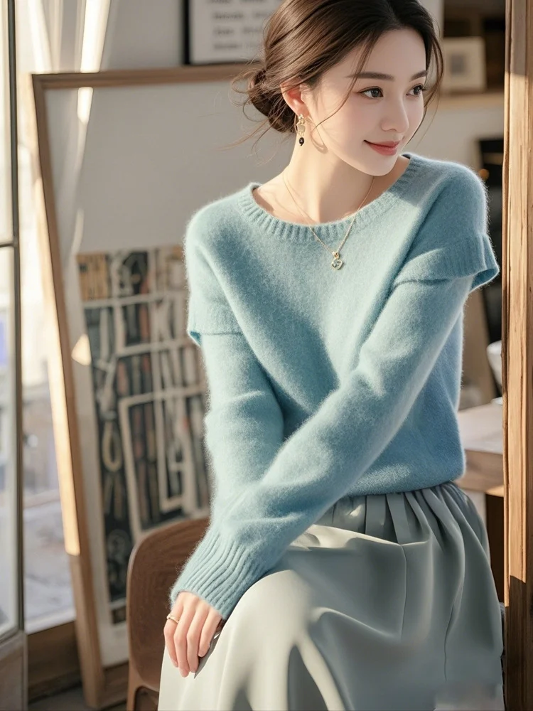 Athvotar Athvotar Hair Blue Soft-Masted Sweater Mid-Autumn 2025 Autumn/Winter New Design Sense Of Ntong T-Shirt Woman