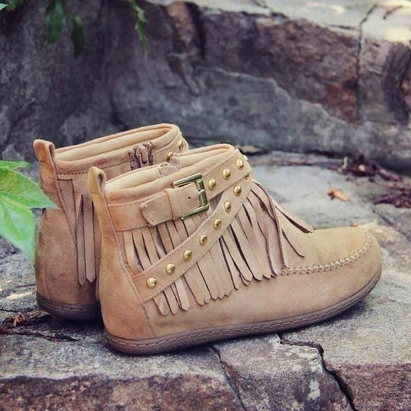 VCSHOES Wedge Flat Buckle Suede Round Toe Ankle Boots