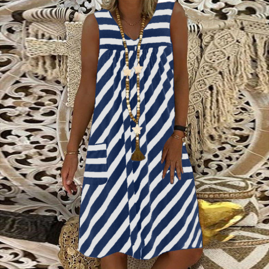 2021 new Amazon European and American women's plus size pocket summer round neck sleeveless striped dress