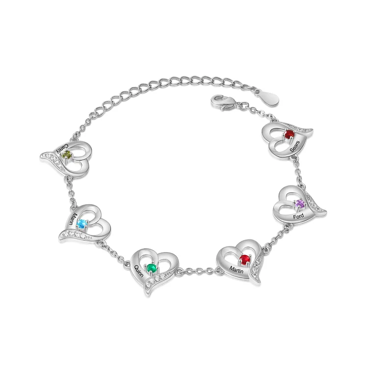6 Names - Personalized Heart Bracelet Customized Names & Birthstones Bracelets Silver Valentine's Day Gift For Her