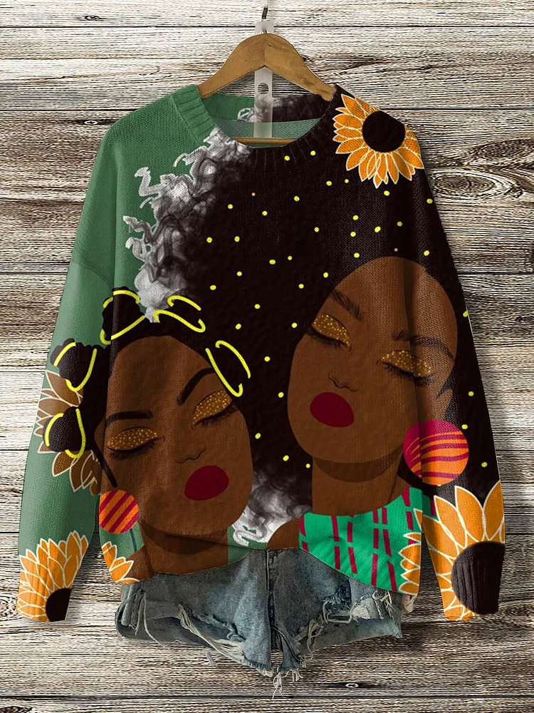 Women's Black Sisters And Sunflowers Art Print Knit Sweatshirt
