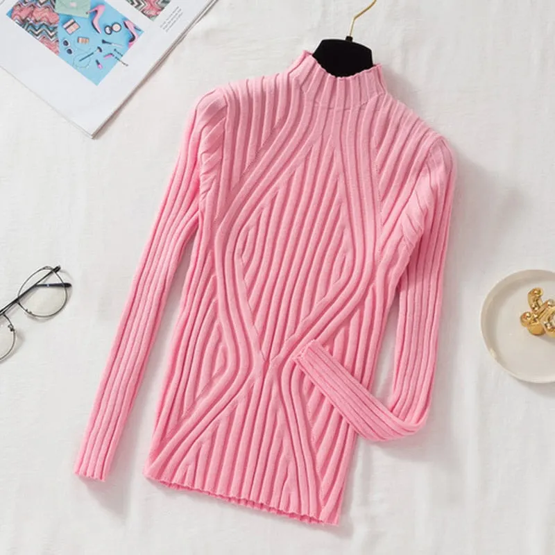 2021 Autumn Rainbow Slim Solid Sweater Tops Pullover Knitted Sweater Women Casual Long Sleeve Office Lady Jumper Sweater 17041