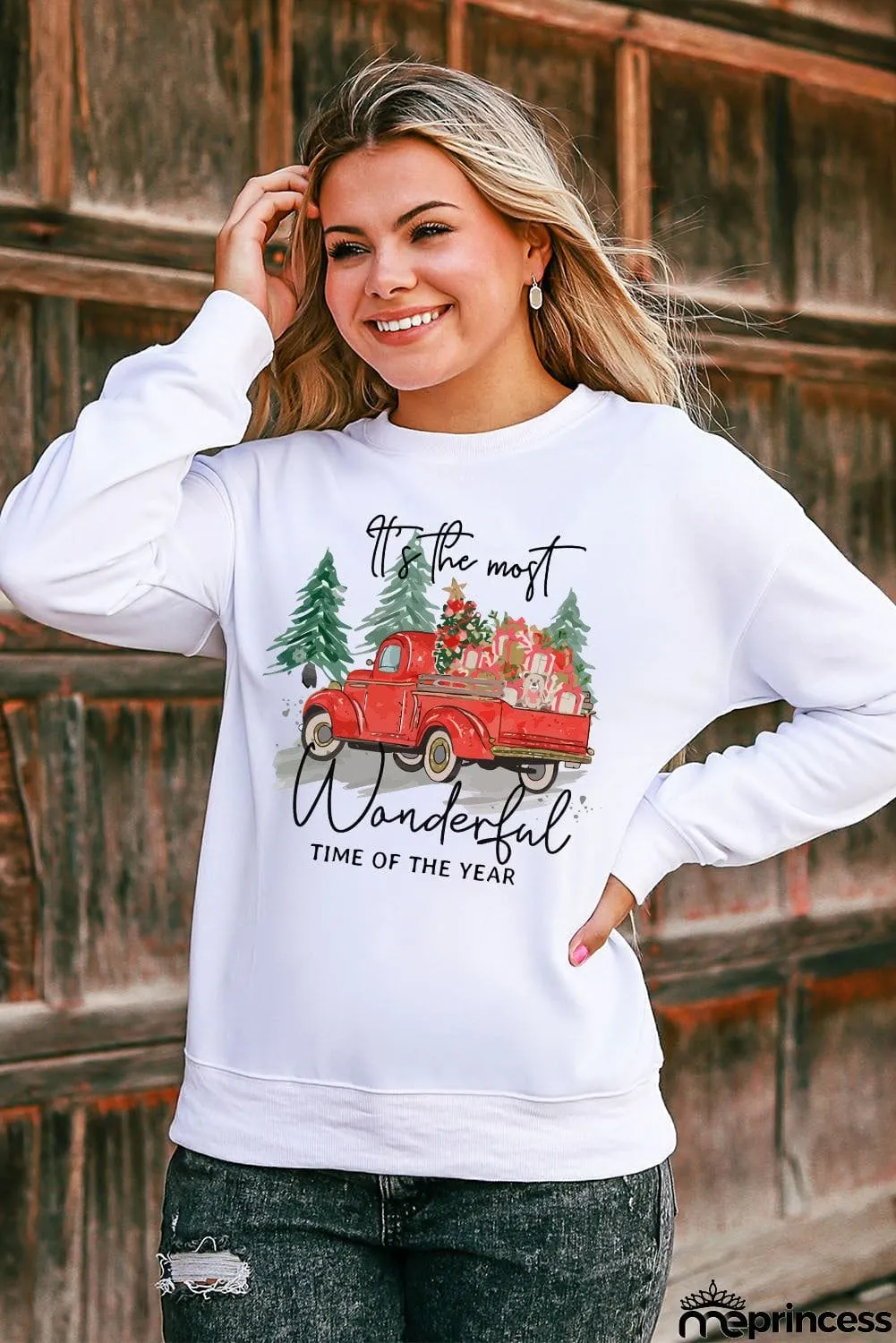 Christmas Truck Letter Graphic Print Pullover Sweatshirt