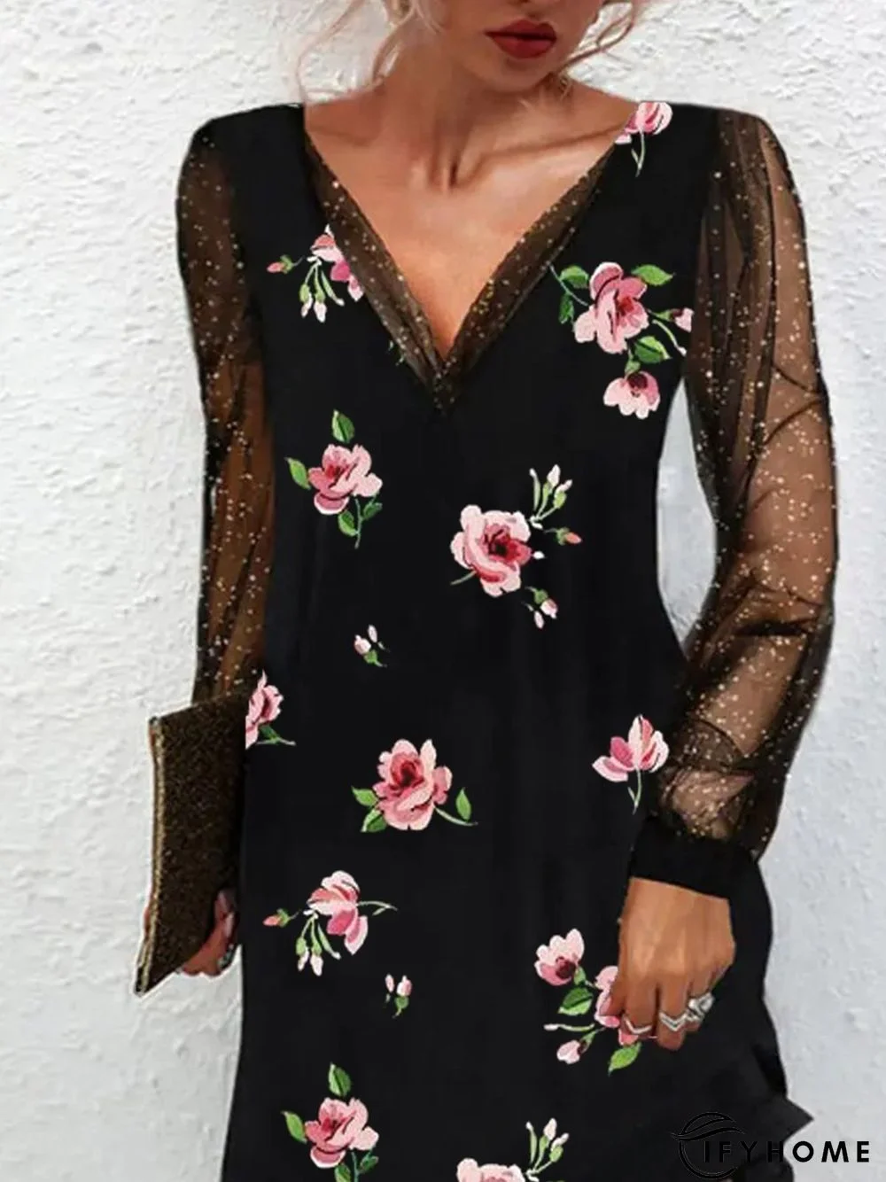 Women Casual Floral Autumn V neck Lightweight Micro-Elasticity Daily A-Line Regular Size Tunic Dress | IFYHOME