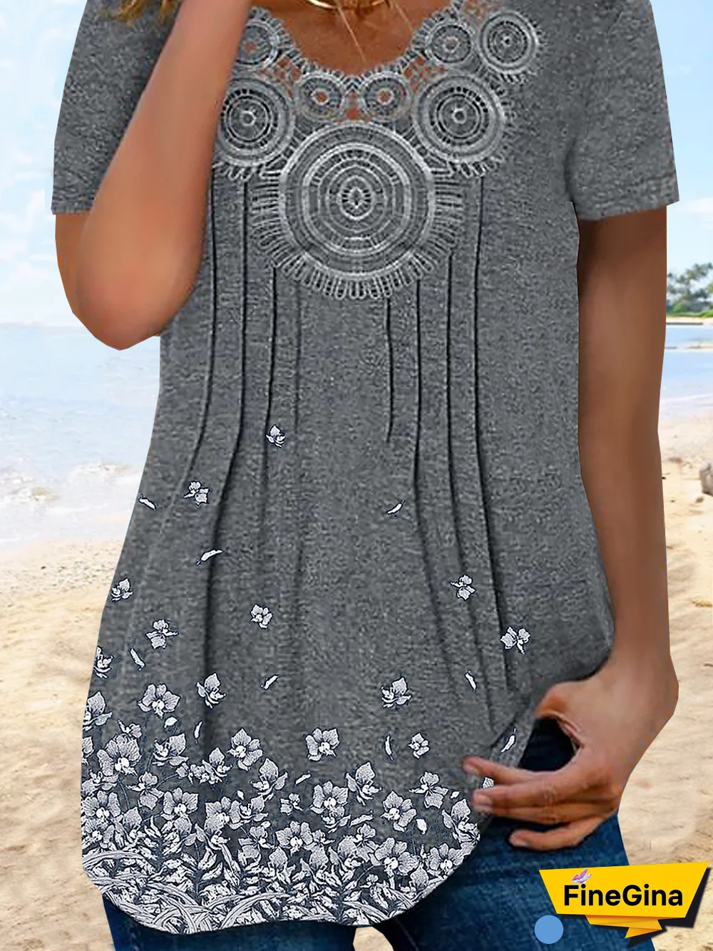 Vacation Floral Printed Casual Loosen Lace V Neck Short Sleeve T-Shirt