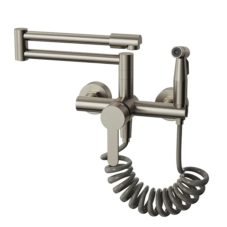 EVERSTEIN Wall Mounted Folding Kitchen Faucet with Side Sprayer Brushed Nickel