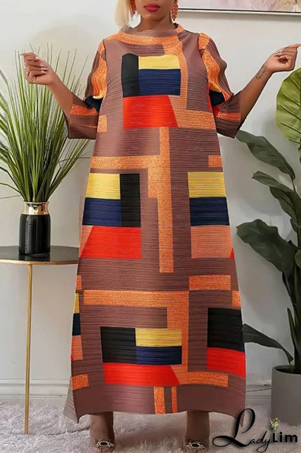 Light Coffee Street Geometric Print Patchwork O Neck Long Dress Dresses