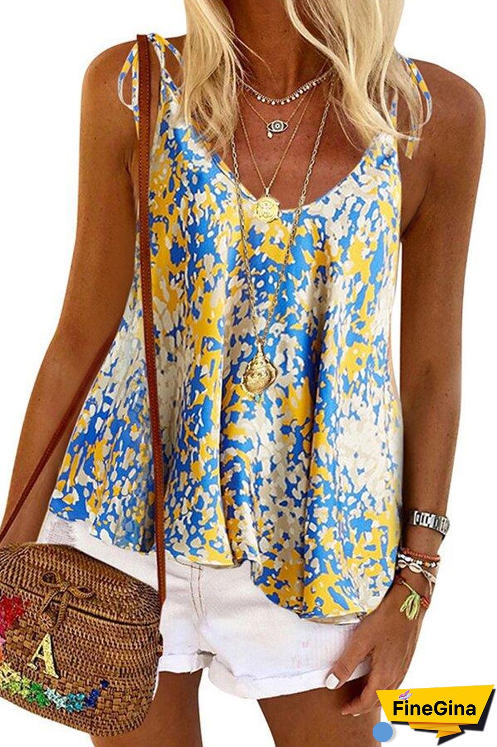 Lace Up Print Sleeveless Camisole