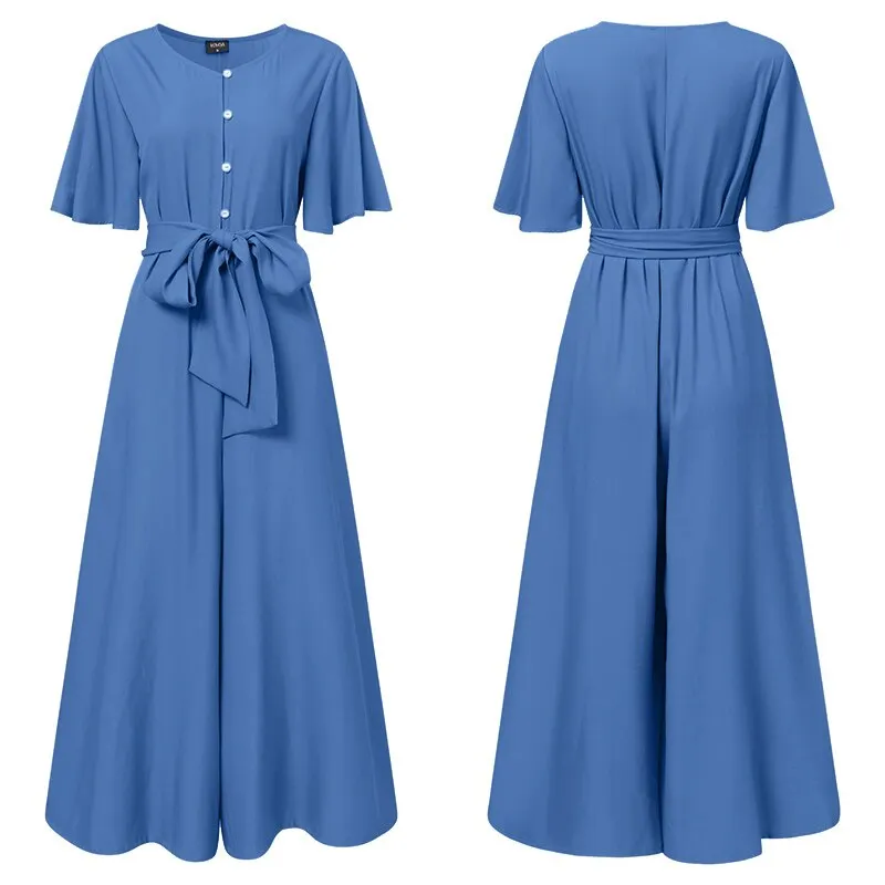 VONDA 2022 Women Denim Jumpsuits Casual Button Up Playsuits Wide Leg Long Overalls Femme Short Sleeve V Neck Pantalon