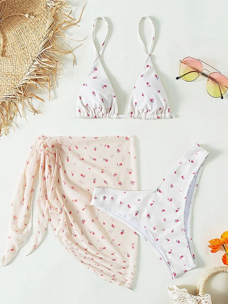 Peachtan Mesh 3 Pieces Bikini Set Floral Print Swimwear Female Traingle Swimsuit Women String Swimming Suit Bathing Suit 2022