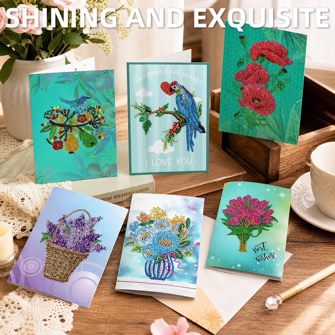 6pcs Flowers and Birds DIY Diamond Painting Greeting Card Kits with Envelopes Diamond Art Greeting Cards Diamond Art Cards Kits for Adults DIY Crafts Family Friend Gifts