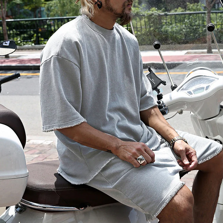 🌞Fr&uuml;hlingserwachen: 50% Rabatt!💎2-Teiler Herren Urban Set: Oversized Kurzarm-Sweatshirt & Shorts mit Raw-Edges