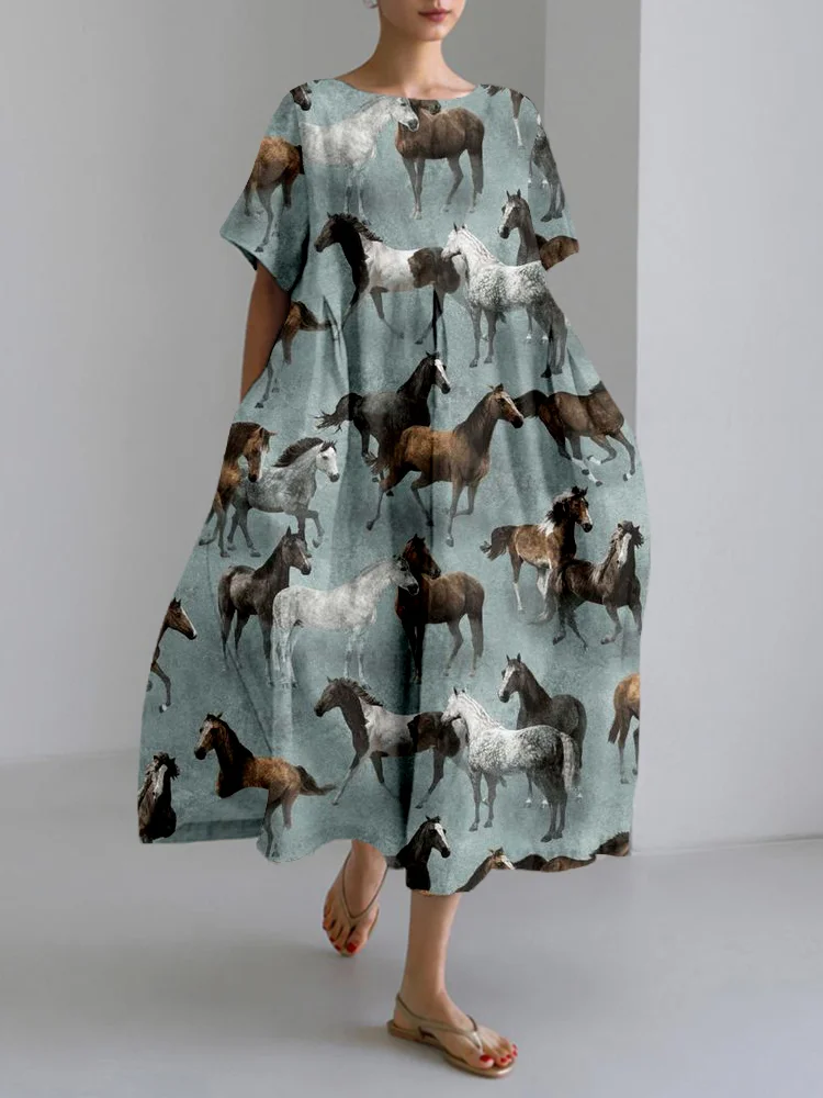 Comstylish Western Wild Horses Pattern Linen Blend Maxi Dress