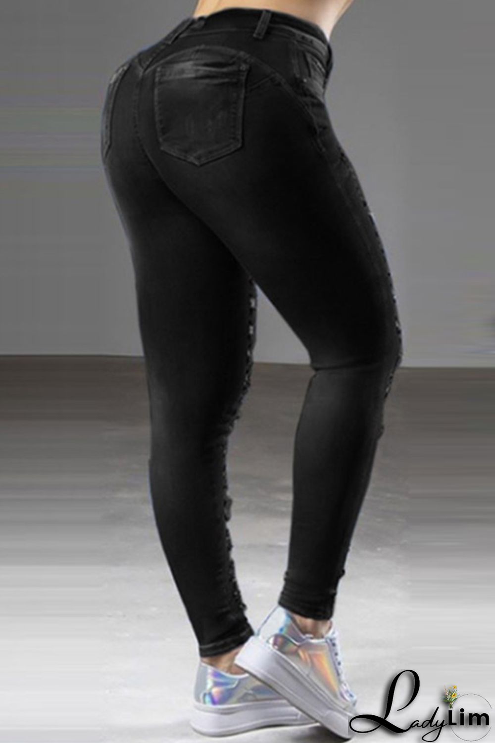 Dark Blue Fashion Casual Solid Ripped High Waist Skinny Denim Jeans