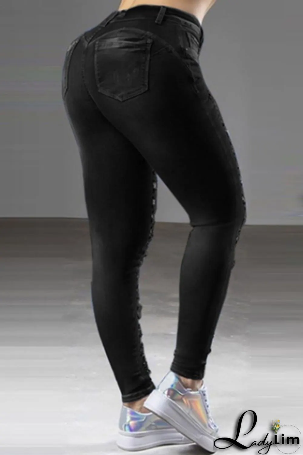 Dark Blue Fashion Casual Solid Ripped High Waist Skinny Denim Jeans