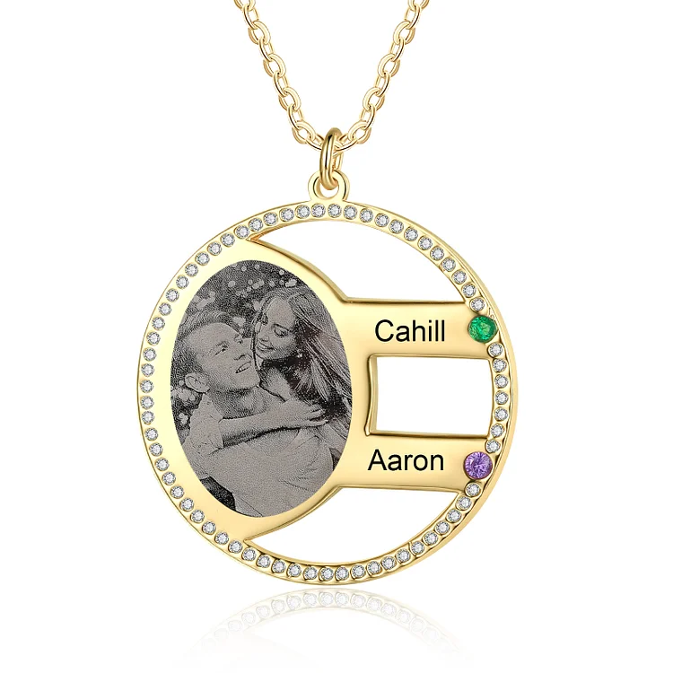 Custom Photo Pendant Necklace with 2 Birthstones Anniversary Birthday Gift for Mother Grandma
