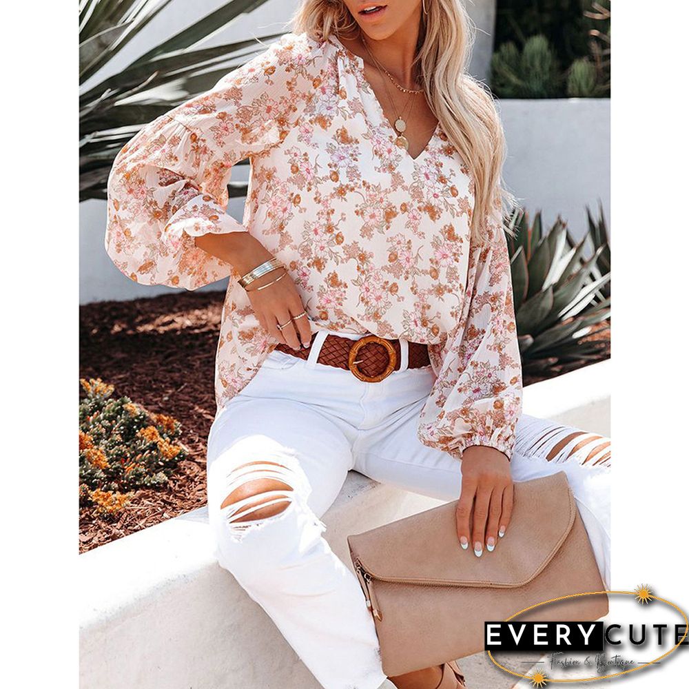 Pink Floral Print Chiffon Lantern Sleeve Tops
