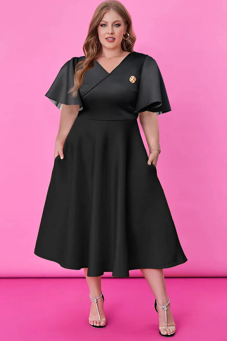 Xpluswear Design Plus Size Black Formal V-neck Ruffle Sleeve With Pockets Derby Midi Dresses 