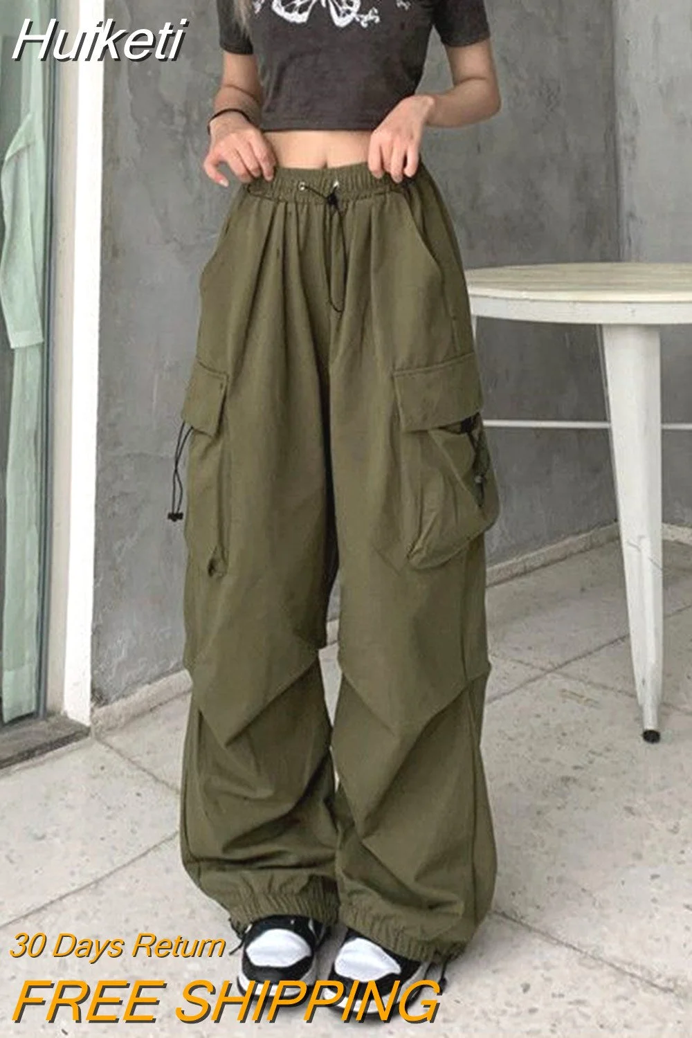 Huiketi New Spring Drawstring Leg Casual Pants Women's Y2K American Street Loose Slim Straight Wide-Leg Pants Couple Tooling Pants