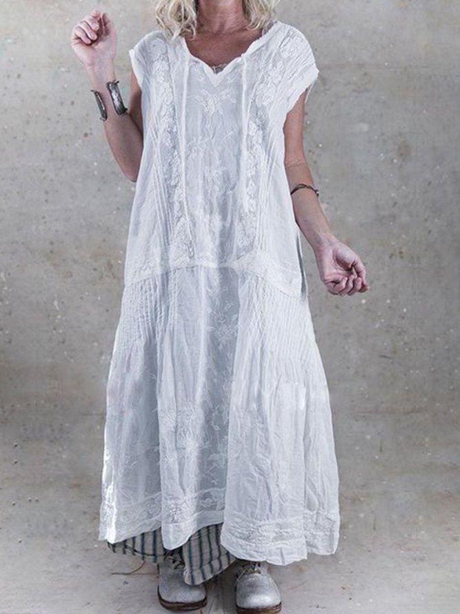 Short Sleeve Patchwork Cutout Linen Maxi Dresses Zaesvini