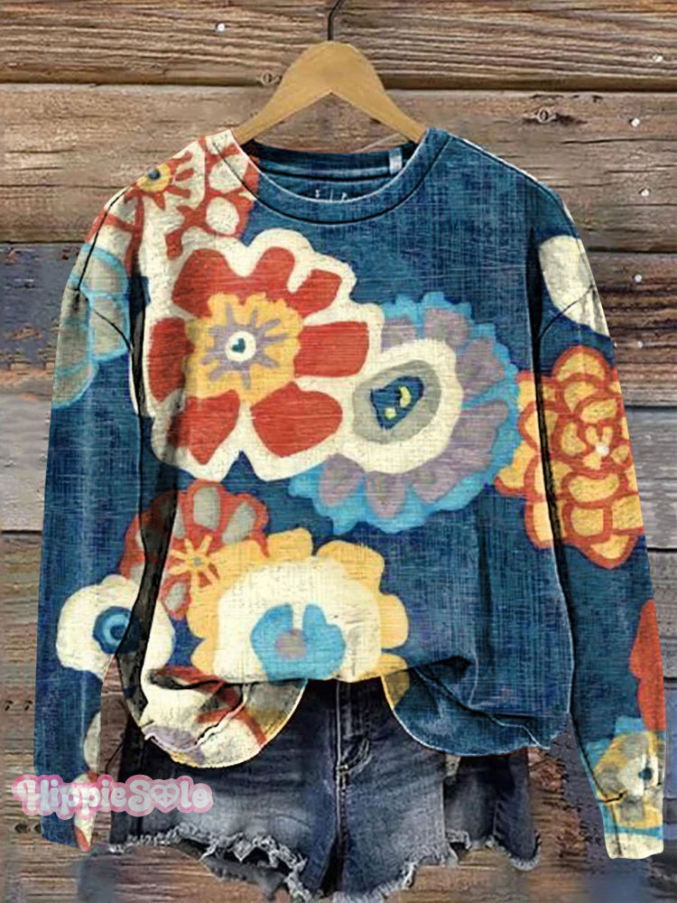 Vintage Floral Art Print Casual Sweatshirt Multicolor / S