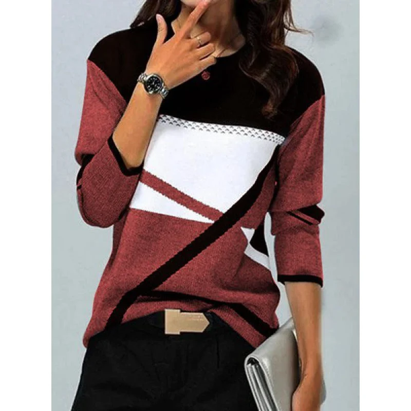 Uveng Loose Color Printed Round Neck Long Sleeve T-shirt