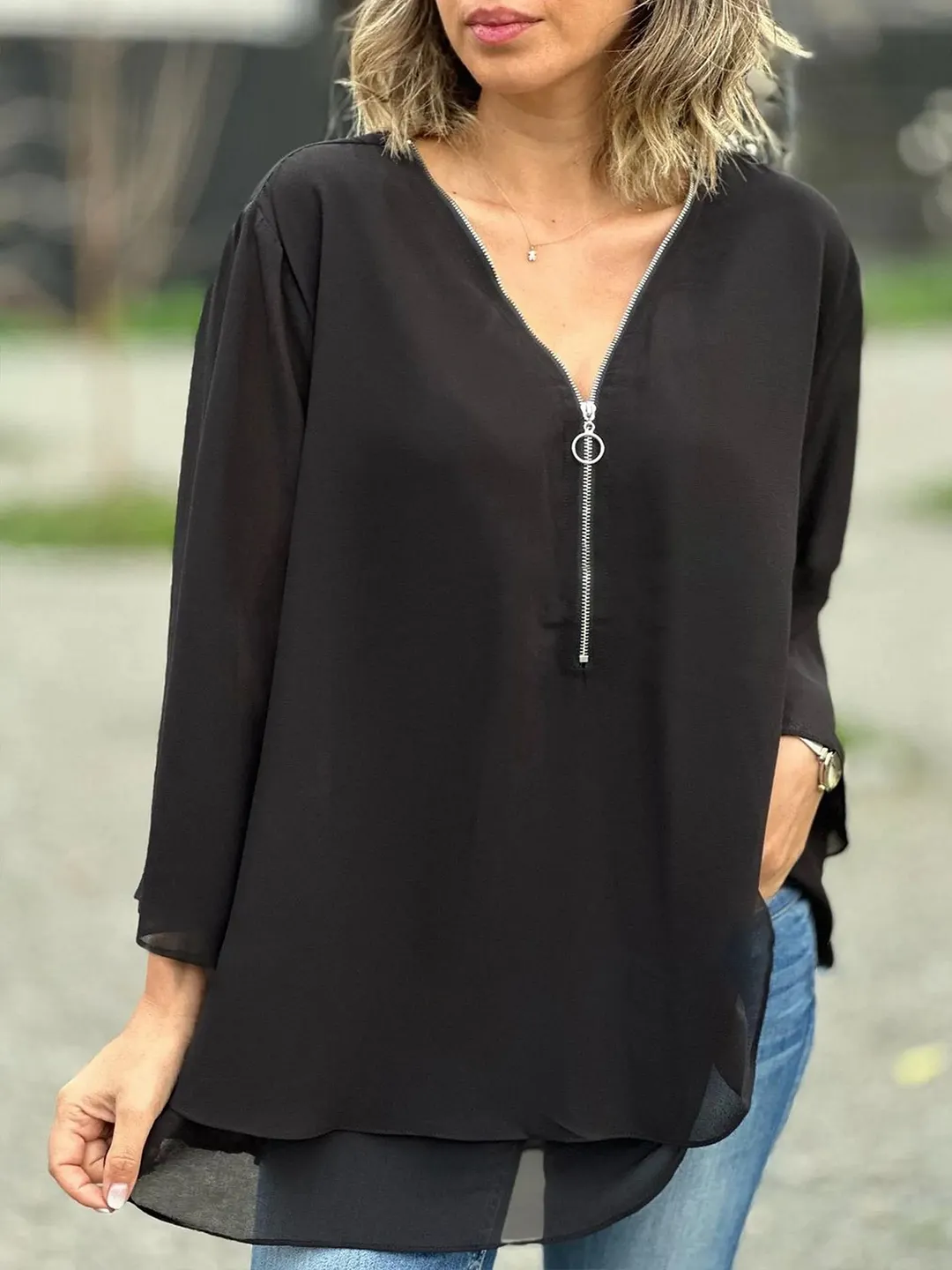 Women's Yellow Half Zip V Neck Blouse - Double Layer Chiffon 3/4 Sleeve Flowy Top