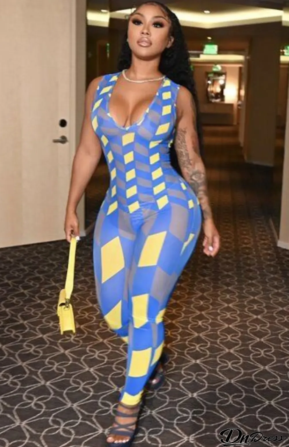 Summer Sexy Geommetric Sleeveless V-Necl Bodycon Jumpsuit