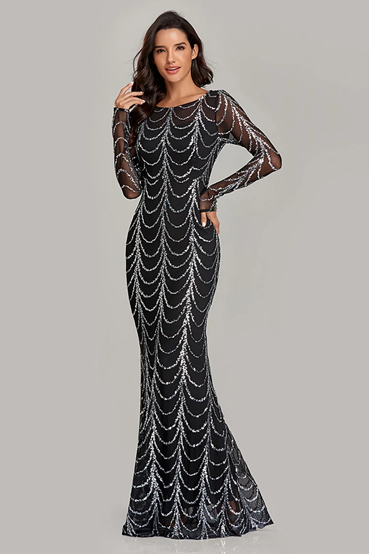 Sequin Slim Prom Mermaid Long Sleeve Maxi Dresses
