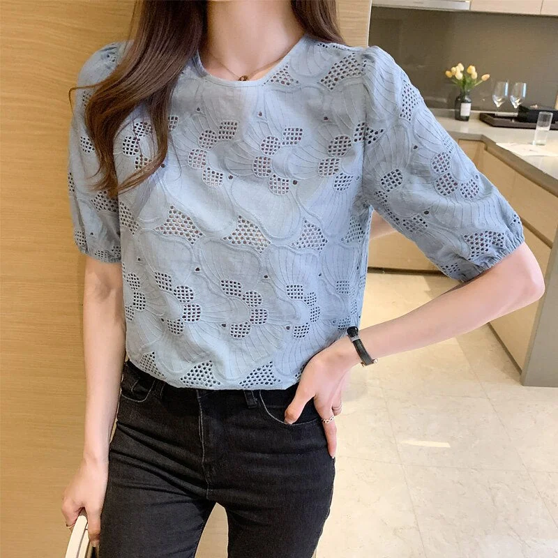 Summer New O Neck Short Sleeve Blouse Korean Elegant Hollow Out 2021 Woman Tops Fashion Embroidery White Blouse Blusas 14165