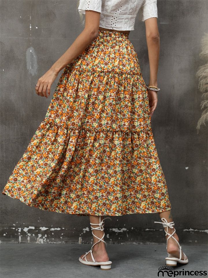 Bohemian Style Lady Spring Summer Flowers Print Beach Holiday Skirt