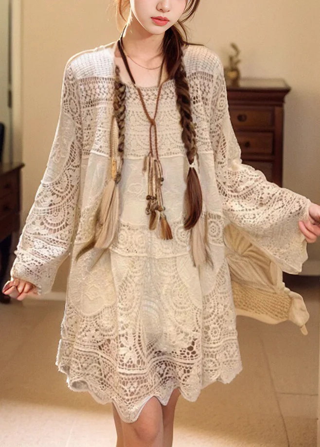French Beige Hollow Out Solid Lace Mid Dress Spring