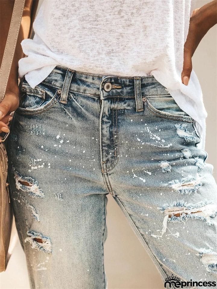 Women's Stretch Wash Effect Ripped Straight-Leg Street Style Jeans