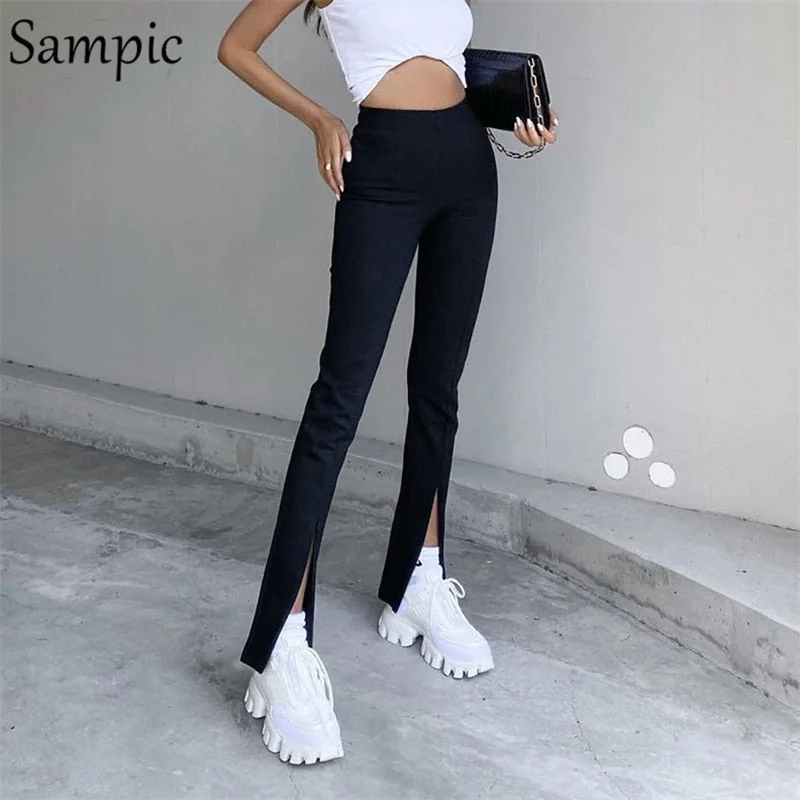 Sampic Fashion Black Khaki Autumn Women Skinny Office Front Split Trousers High Waist Pants Long Slim Winter 2020 Design Pants