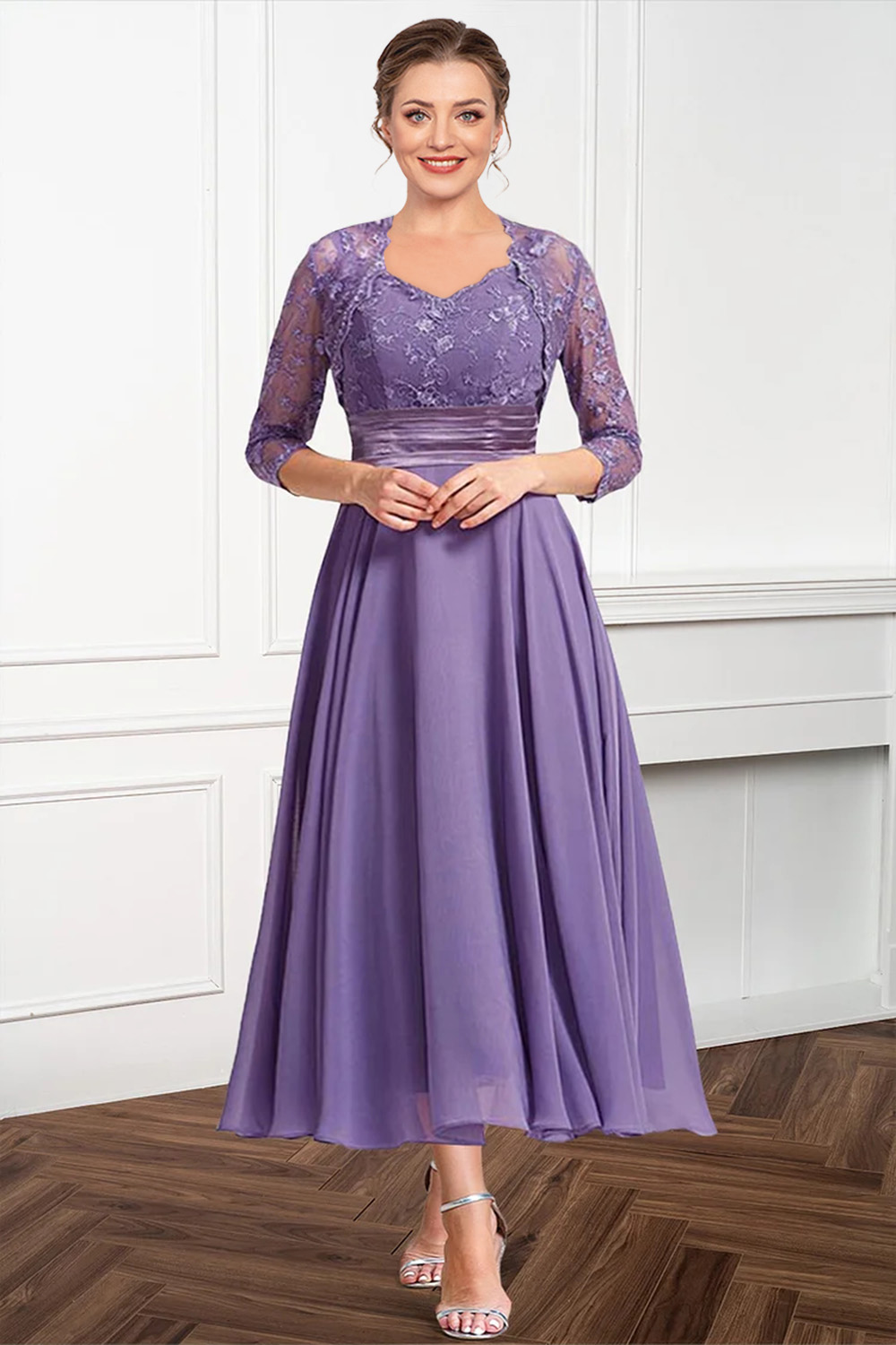 Flycurvy Plus Size Mother Of The Bride Purple Chiffon Lace Embroidery Two Pieces Tea-Length Dress With Jacket 2024 - Flycurvy 