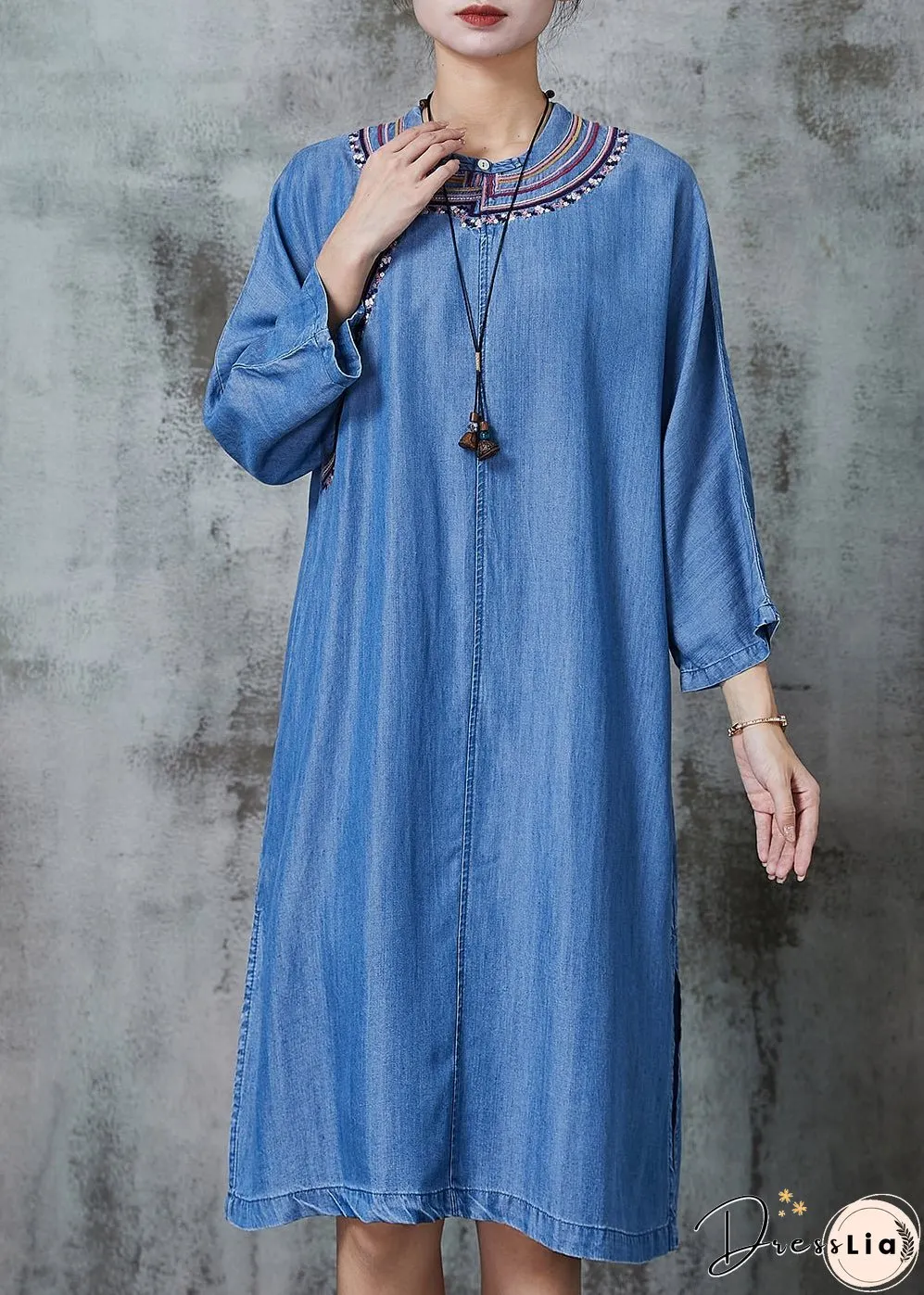Vintage Denim Blue Embroidered Side Open Dresses Summer