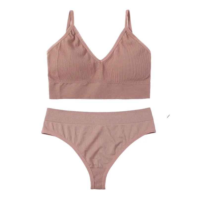 Women Push Up Bra Set Sexy Thong Low Waist Panties Meet'r Wire Free Bralette Lingerie Pad Brassiere Cotton Female Underwear Set