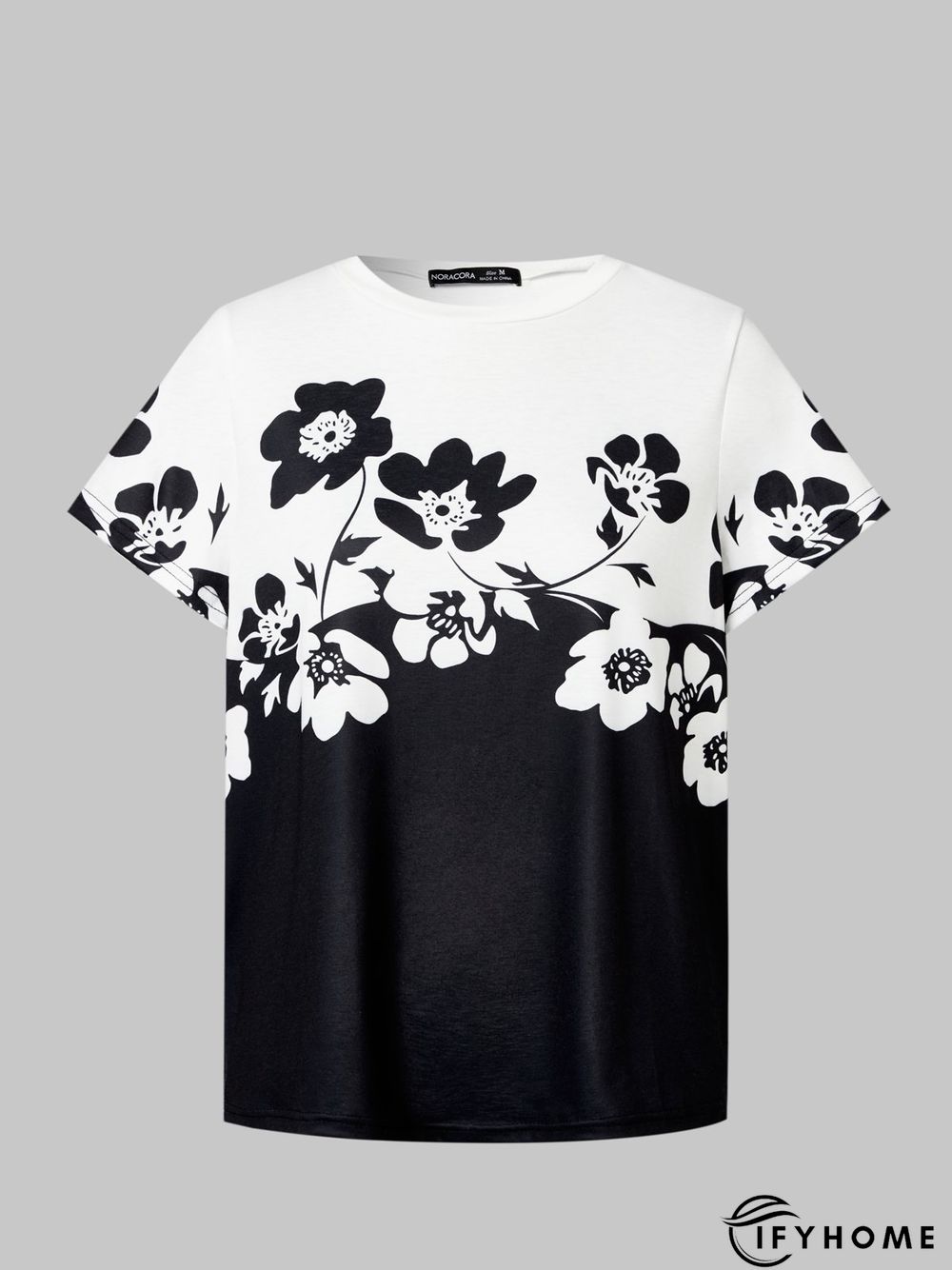 Women's Floral Printed Round Neck White&Black Short Sleeve Casual T-shirts | IFYHOME