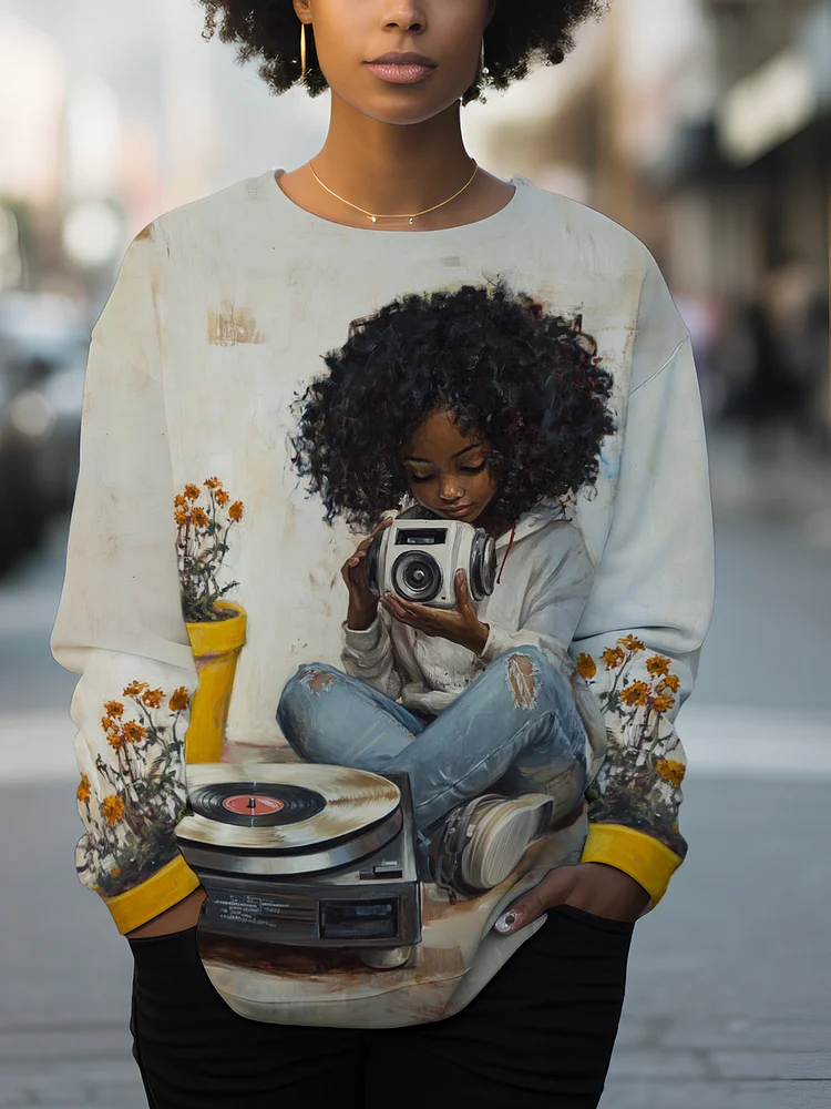 Women's Black Girl with Robot Pet and Record Player Print Cozy Sweatshirt