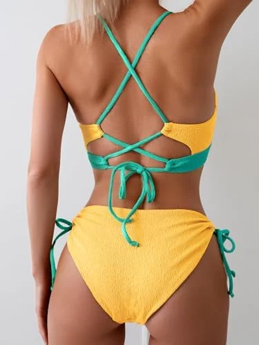 Women's Sexy Bikini Set Color Block Lace Up 2 Piece Bathing Suit Tie Side Swimsuit