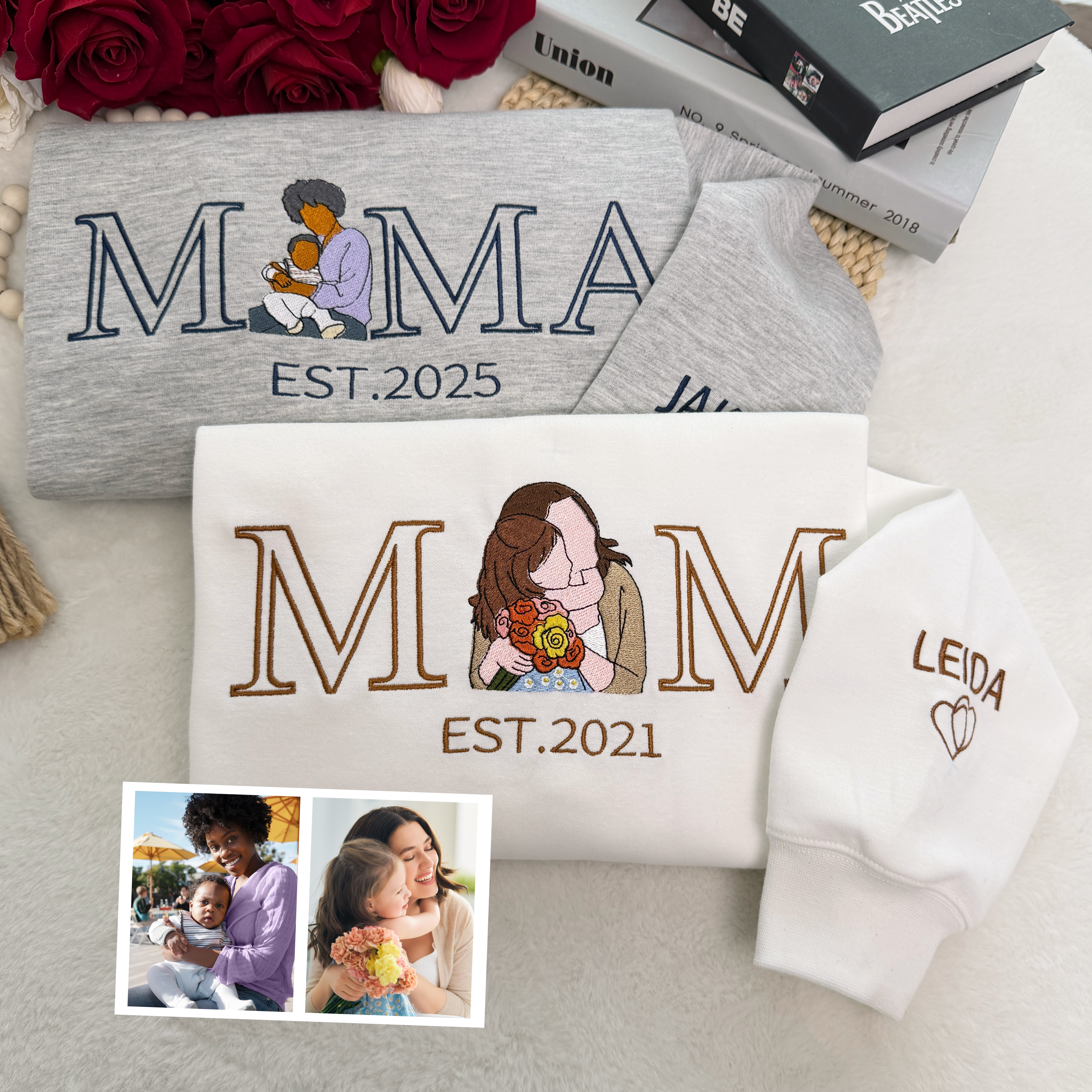Custom Mama/Mum T-shirt & Embroidered Sweatshirt , Personalized Mama & Kids Portrait